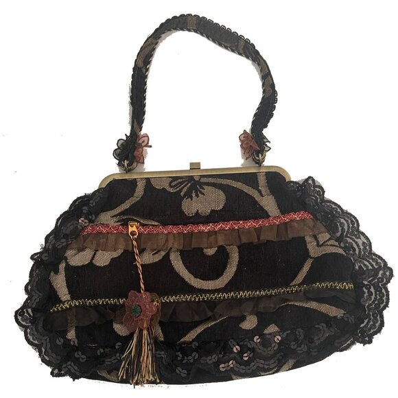 Vintage Three Flower Lace Tapestry Ribbon Metal Frame Brass Handbag Purse - Picture 4 of 9